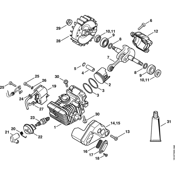 Cylinder with piston & Ignition system Assembly for Stihl MS192C Chainsaws