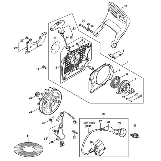 Rewind starter, Hand guard, Ignition system for Stihl MS 400 C-M Chainsaw