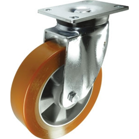 Polyurethane Tyre Swivel Castor c/w Alum Ctr & Ball J/Bearing - Rect Plate