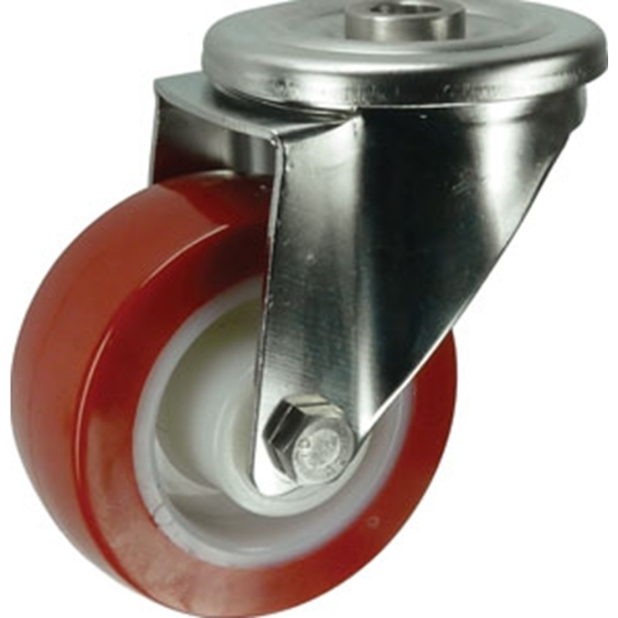 Polyurethane Tyre Swivel Castor c/w Nylon Ctr & Plain Bearing - Single Hole