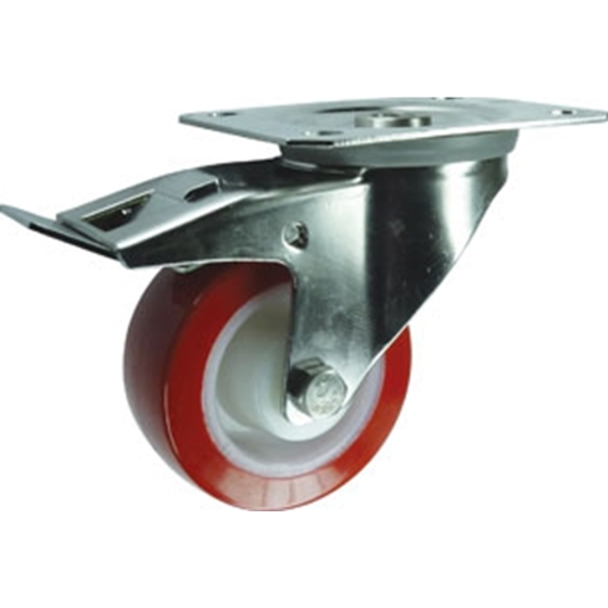 Polyurethane Tyre Braked Castor - Nylon Ctr & Plain Bearing Rectangle Plate