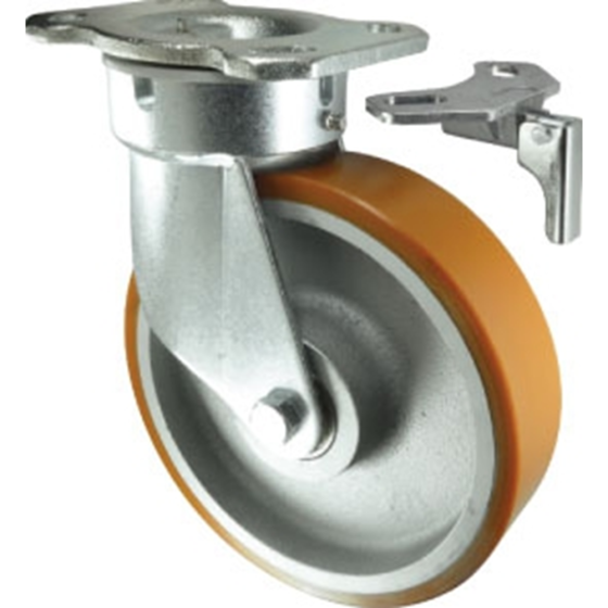 Polyurethane Tyre Directional Lock Swivel Castor, Cast Iron Ctr & Rect Plate