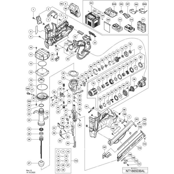 Main Assembly for Hikoki NT1865DBAL Cordless Nailer