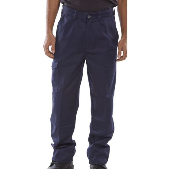 Heavyweight Drivers Trousers Front Pleat Poly Cotton Tall Fit Navy Blue 30t