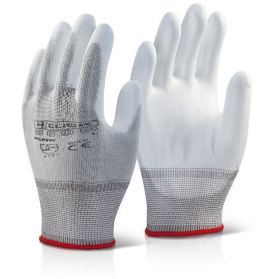 Nylon Knitted Gloves PU Coated Palm Integral Elasticated Wrist White Large