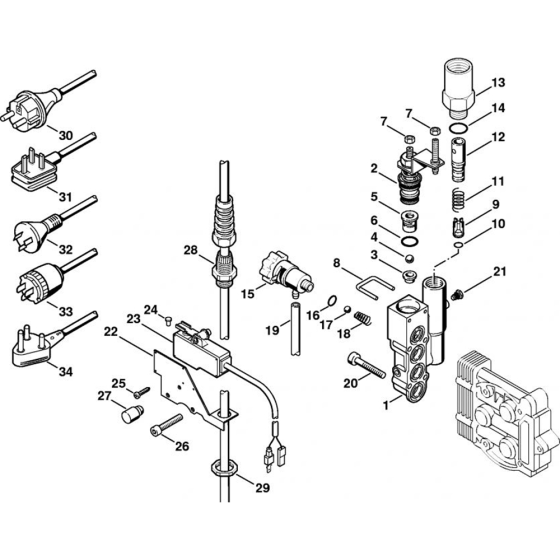 Regulation Valve Block, Power Cable for Stihl RE 140 K, RE 160 K  Cold Pressure Washers.