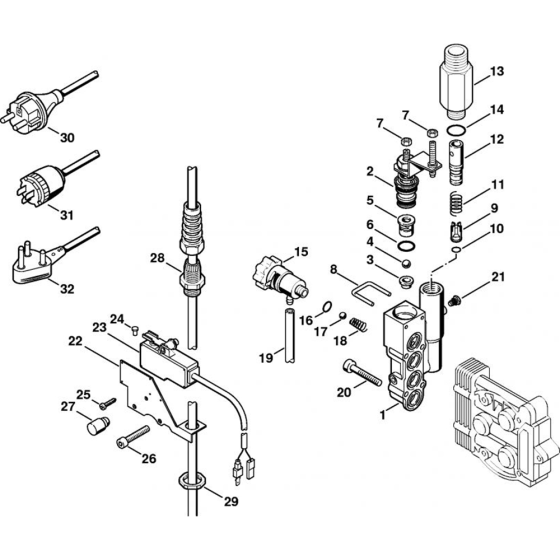 Regulation Valve Block, Power Cable for Stihl RE 141 K, RE 141 K PLUS, RE 161 K, RE 161 K PLUS  Cold Pressure Washers.