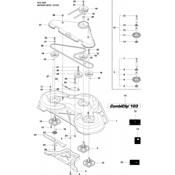 Cutting Deck-3 Assembly for Husqvarna Rider 18 AWD Ride on Mowers