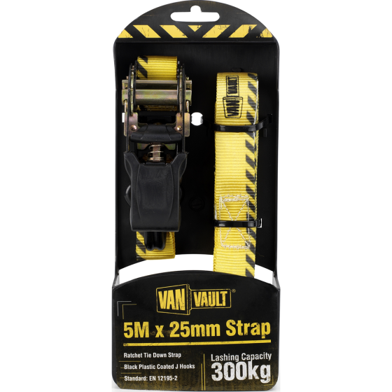 Van Vault Ratchet Strap 5m x 25mm Polyester webbing & Hooks 300kg Capacity