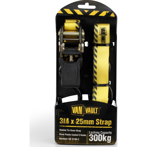 Van Vault 3m x 25mm Ratchet Strap Polyester webbing to secure loads - 300Kg