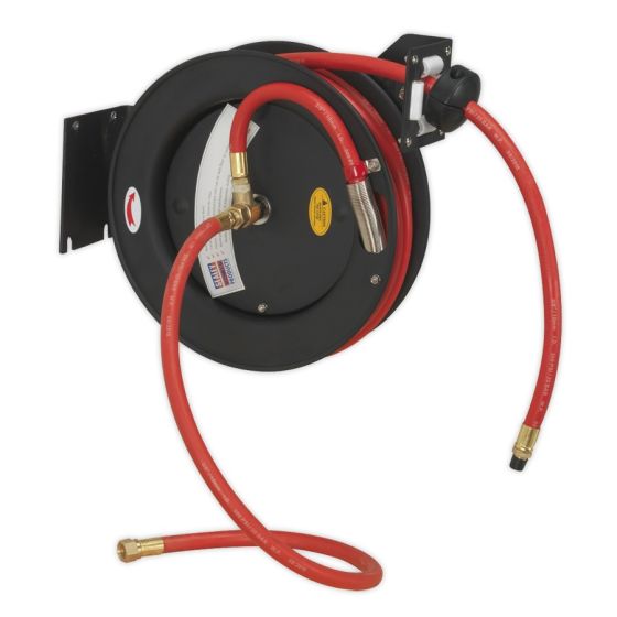 Retractable Air Hose Steel Reel 8mtr Dia.10mm ID Rubber Hose Sealey Part No. SA84