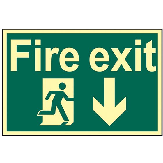 Fire Exit Running Man Arrow Down - Photoluminescent 300 x 200mm by Scan - 1580