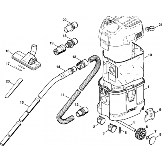 Container, Tools Assembly for Stihl SE121, SE121E Vacuum Cleaners