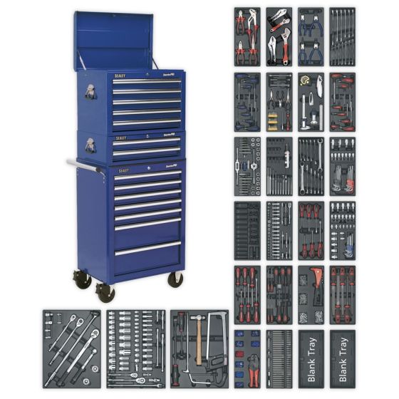 Tool Chest Combination 14 Drawer with Ball Bearing Slides - Blue & 1179pc Tool Kit Sealey Part No. SPTCCOMBO1