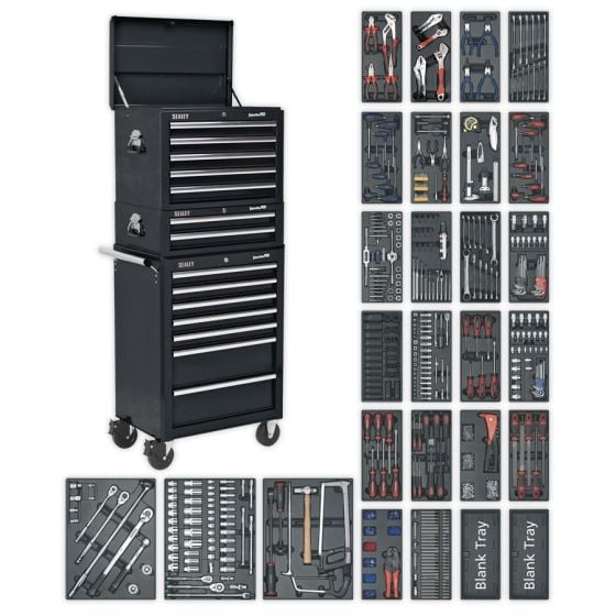 Tool Chest Combination 14 Drawer with Ball Bearing Slides - Black & 1179pc Tool Kit Sealey Part No. SPTCOMBO2