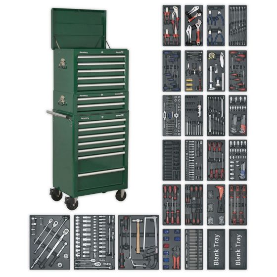 Tool Chest Combination 14 Drawer with Ball Bearing Slides - Green & 1179pc Tool Kit Sealey Part No. SPTGCOMBO1