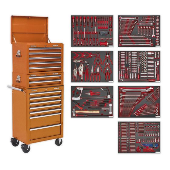 Tool Chest Combination 14 Drawer with Ball Bearing Slides - Orange & 446pc Tool Kit Sealey Part No. TBTPCOMBO4