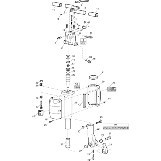 Main Assembly for Atlas Copco TEX21PE Breaker with Hexagon 25 x 108 mm (1 x 4 1/4 in.) from s/n PUN000001 onwards