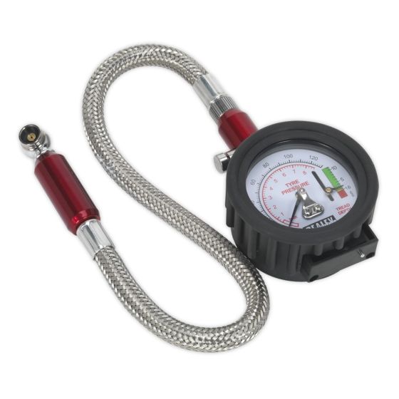 Tyre Pressure Gauge with Tyre Tread Depth Gauge - Flexible Hose 0-8bar(0-120psi) Sealey Part No. TSTPDG02