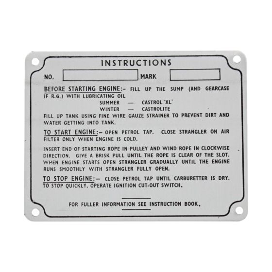 Identification and Instruction Plate for Villiers MK10, MK12, C25 Engines (110mm x 85mm)