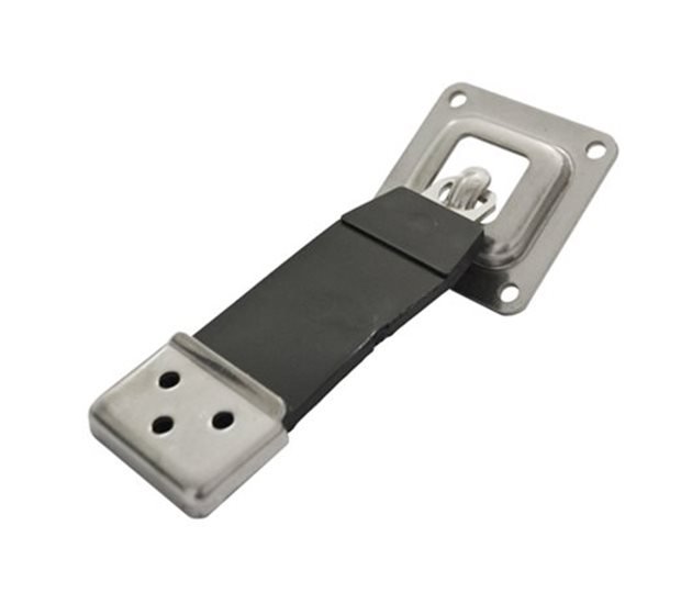 Door Check Strap, Stainless Steel Plates & Black Rubber, 124mm Length