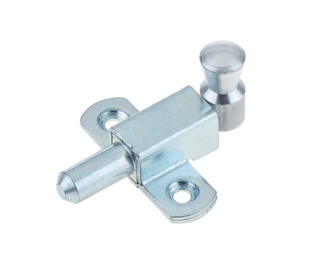 Spring-Loaded Shoot Bolt, 7mm Pin, 15mm Stroke, Bolt-On, Zinc Plated
