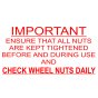 Safety Label 'Check Wheel Nuts' 110mm x 60mm Self Adhesive - Each