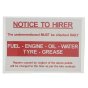Safety Notice Label 'Notice to Hirer' Self Adhesive 70mm x 100mm - Each
