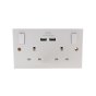 2-Gang Switched Socket 13A with 2 USB Ports White Moulded Plastic Dencon