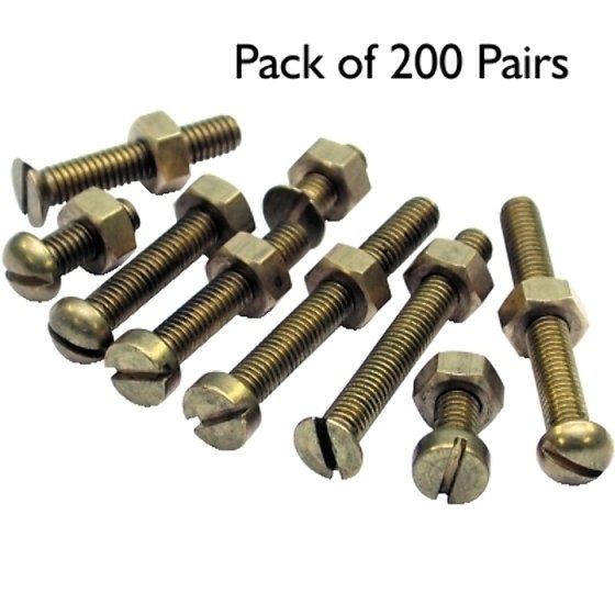 Brass Screws & Nuts, Sizes: 2BA x 1/2" - 1.1/2" - Assorted Pack, 200 Pairs