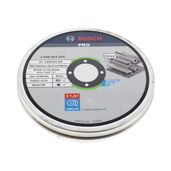 Bosch 10 Pack 4 1/2" (115mm) Metal Cutting Discs - 1mm Thickness, 22.23mm Bore - OEM No. 2608603254