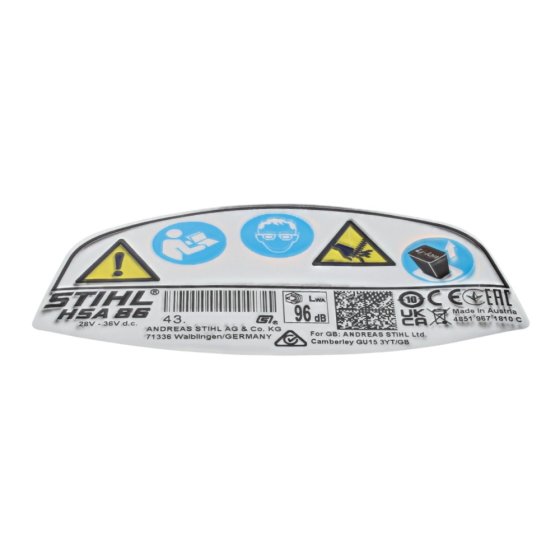 Rating Plate for Stihl HSA86 Cordless Hedgetrimmer - OEM No. 4851 967 1810