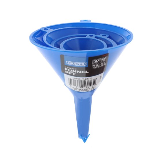 4 Piece Plastic Funnel Set - 50mm to 115mm Diameters, Tough Construction