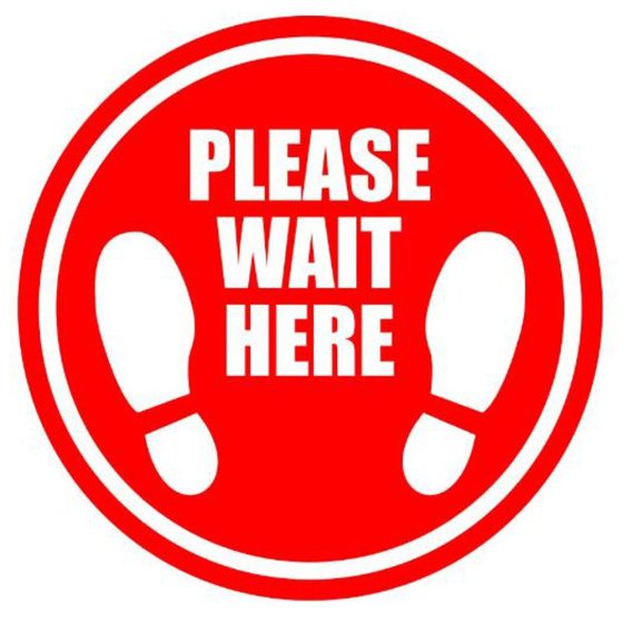 Please Wait Here - Red Footprint Circular Floor Sticker
