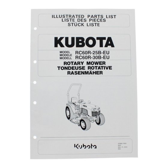 Guide/Parts List for Kubota RC60R-25B-EU, RC60R-30B-EU Mower Deck - OEM No. 97898 31650