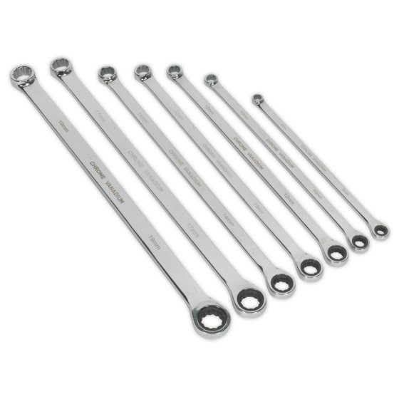 Double Ring Ratchet/Fixed Spanner Set 7pc Extra-Long Metric Sealey Part No. AK6319