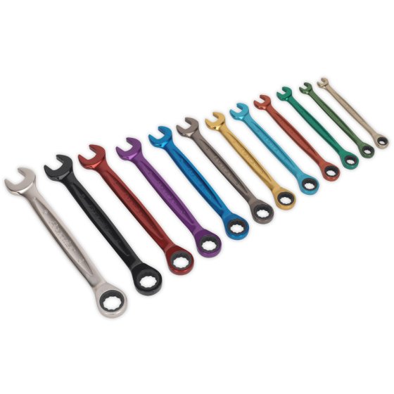 Combination Ratchet Spanner Set 12pc Multi-Coloured Metric Sealey Part No. AK63917