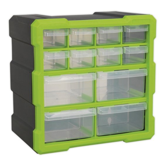 Cabinet Box 12 Drawer - Hi-Vis Green/Black Sealey Part No. APDC12HV