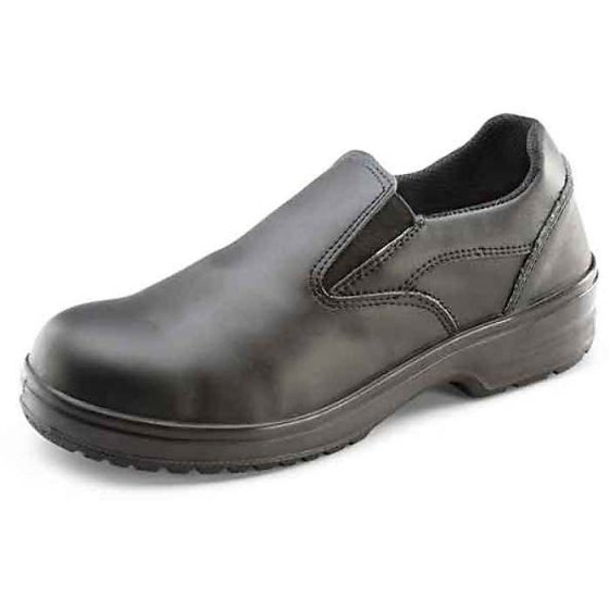 Ladies Slip On Shoe with Leather Upper & Steel Toe Cap Black Size EU 37/04