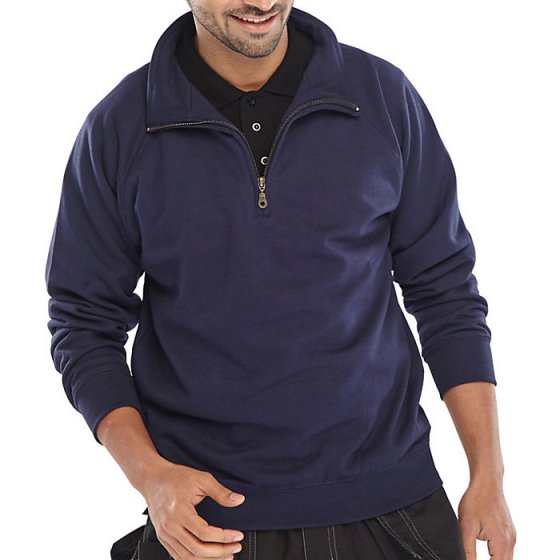 Sweatshirt Cotton/Poly Fleece Lined Quarter Zip Ribbed Cuffs Navy Blue MED