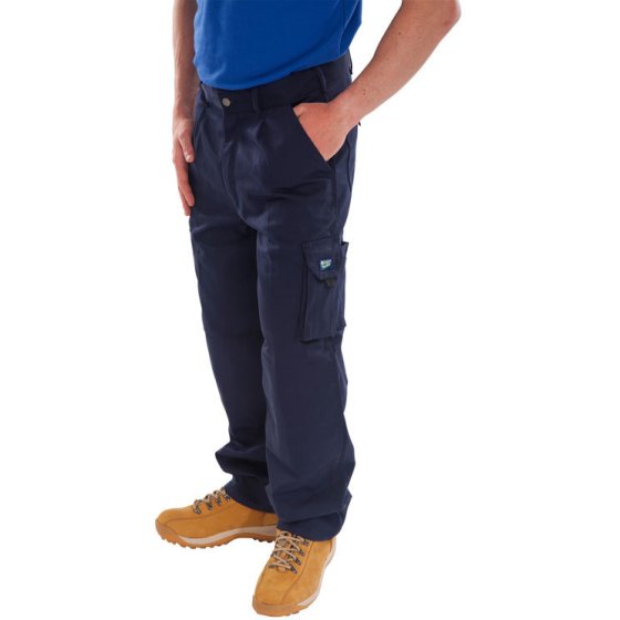 Cargo Trousers Poly/Cotton Internal Knee-pad Pockets Reg Fit Navy Blue 32