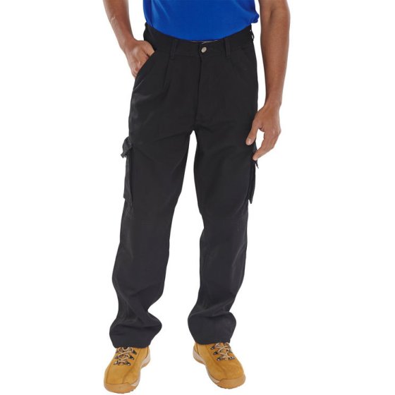 Cargo Trousers Polyester Cotton Internal Knee-pad Pockets Reg Fit Black 32