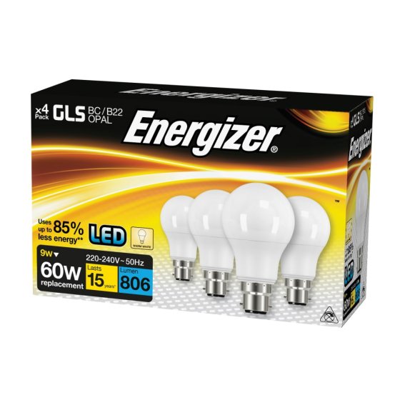 Energizer LED BC (B22) 8.2W 806 lm Opal GLS Candle Non-Dimmable Bulb (Warm White) 4 Pack - OEM No. S14056