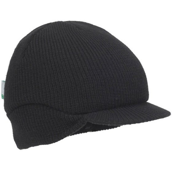 Beanie Cap Black HC23 Short Reduced Peak Universal Fit side Ear Cover Black