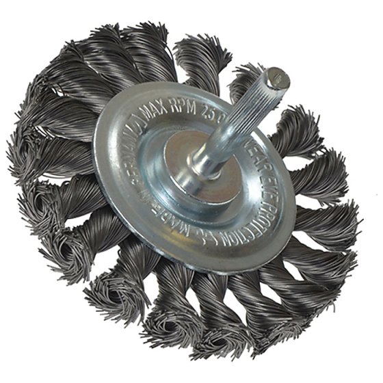 Knotted Wheel Brush with Shank 75 x 8mm 0.35 Steel Wire by Lessmann - 417.168