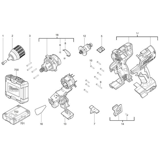 Complete Assembly for Milwaukee M18CBLDD Drill