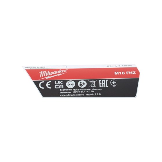 Rating Plate for Milwaukee Machines - OEM No. MIL4931480413