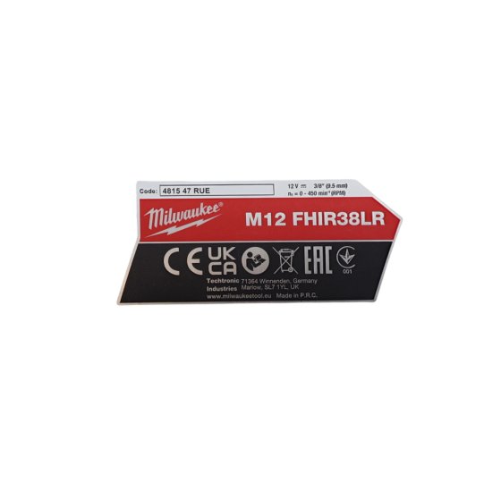 Rating Plate for Milwaukee Machines - OEM No. MIL4931494691