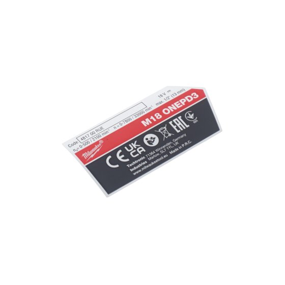 Rating Plate for Milwaukee M18ONEPD3 Percussion Drill - OEM No. MIL4931495403