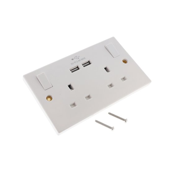 2-Gang Switched Socket 13A with 2 USB Ports White Moulded Plastic Dencon